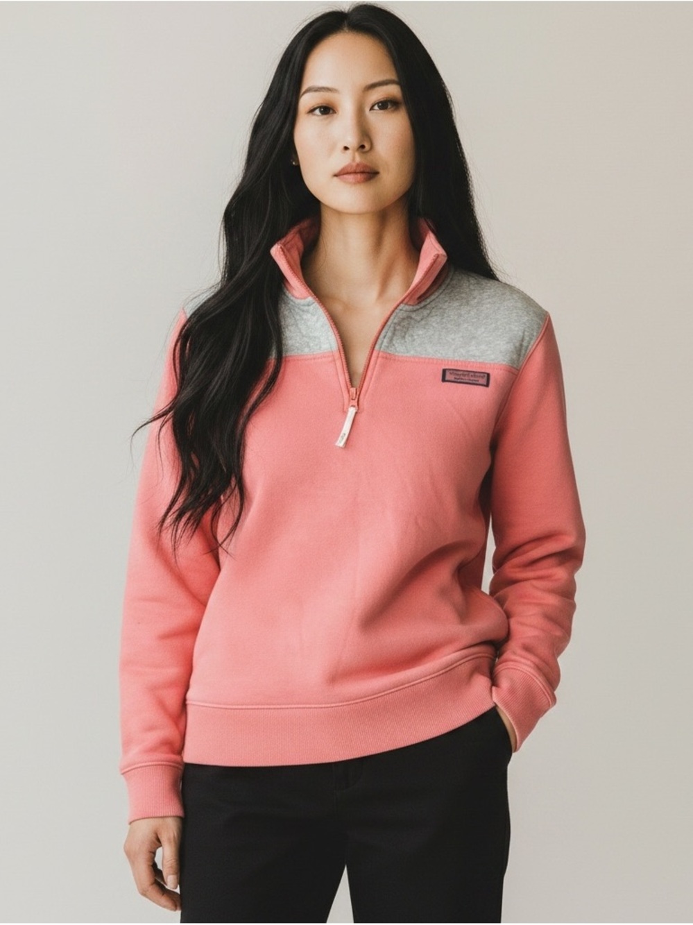 Vineyard Vines Coral Pink Half-Zip Pullover Gray Quilted Shoulders Size Large